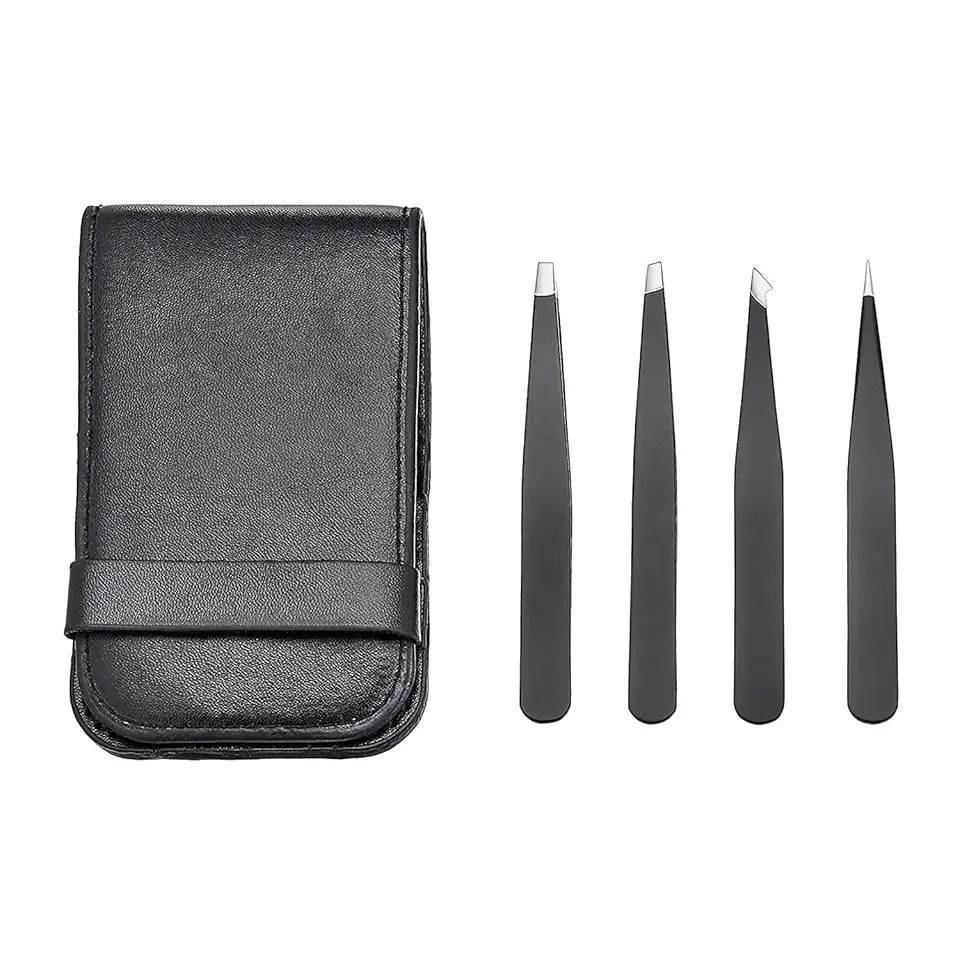 Amazon Basics Tweezers for Facial Hair, Eyebrows, Eyelashes - Set of 4, Professional Stainless Steel with Travel Case, Black