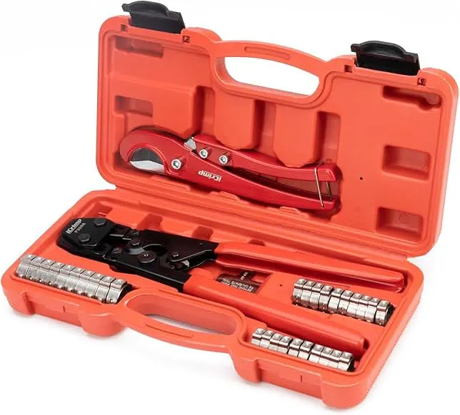 iCRIMP KIT-1096D PEX Clamp Tool Kit for 3/8 to 1 inch PEX Cinch Clamps, with 20pcs 1/2 inch & 10pcs 3/4 inch PEX Cinch Clamp Rings, PEX Tubing Cutter, All-in-one PEX Crimping Tool Kit