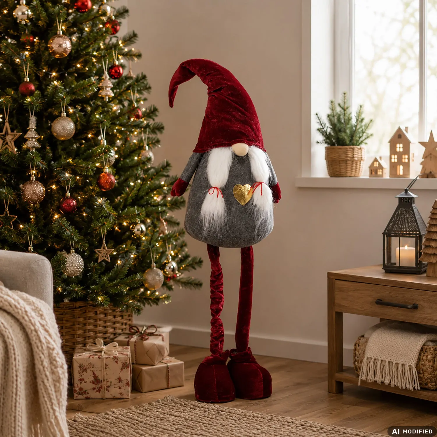 Gnomo con gambe allungabili con cappello rosso altezza max 125 cm
