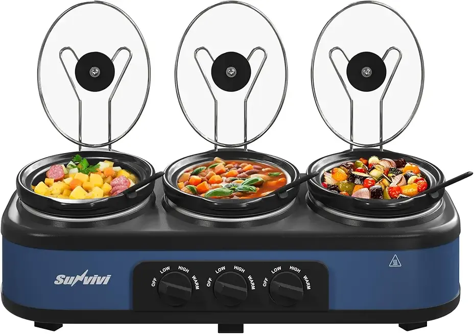 Sunvivi Triple Slow Cooker Buffet Servers and Warmer, Large 3 Pot Food Small Mini Manual Slow Cooker with Adjustable Temp Stainless Steel Lid Rests,Removable Ceramic Pot, 3 * 2.5 Quarts, Blue
