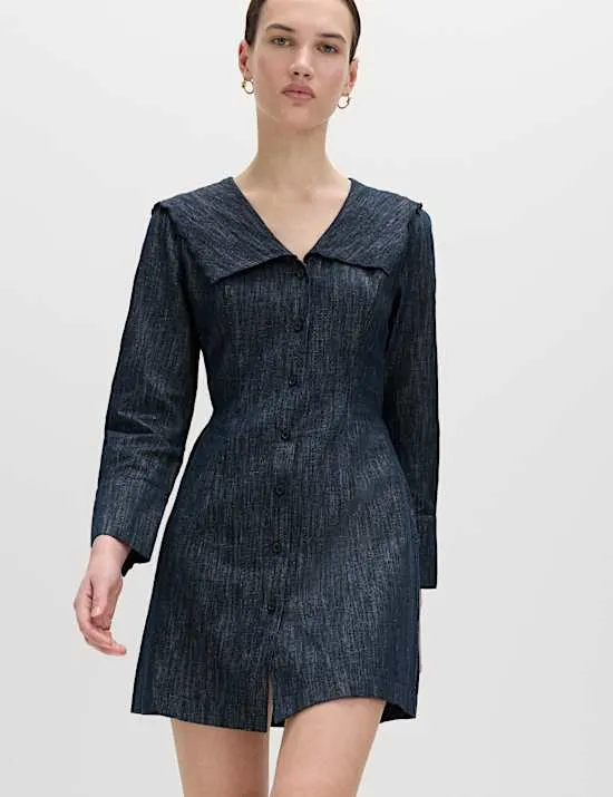 Denim-Minikleid mit Matrosenkragen und Leinenanteil