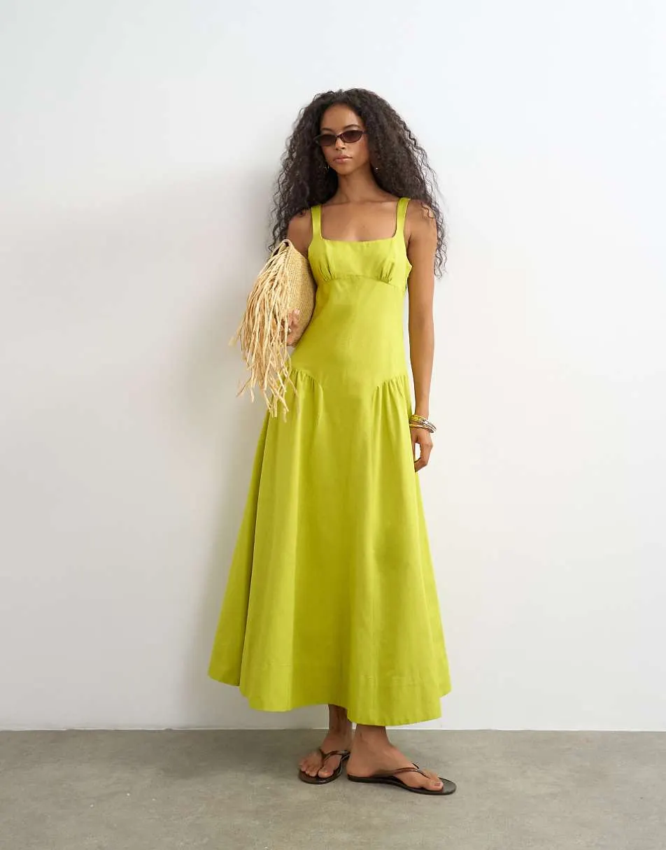 Topshop linen rich dropped waist maxi dress in green