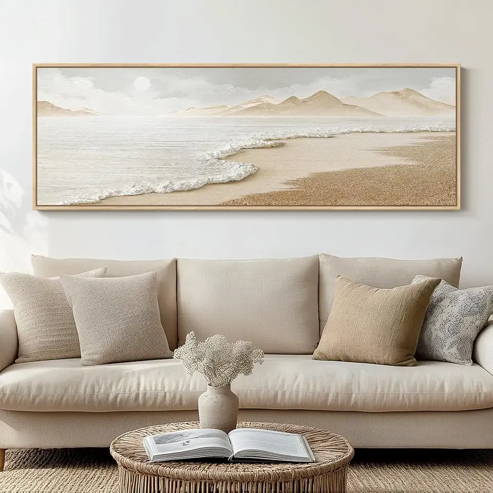 Framed Boho Coastal Beach Wall Art for Living Room, Large Neutral Ocean Canvas Artworks for Walls, Long Horizontal Abstract Minimalist Coastal Art Print for Bedroom Kitchen Office Wall Decor, 16x48 In