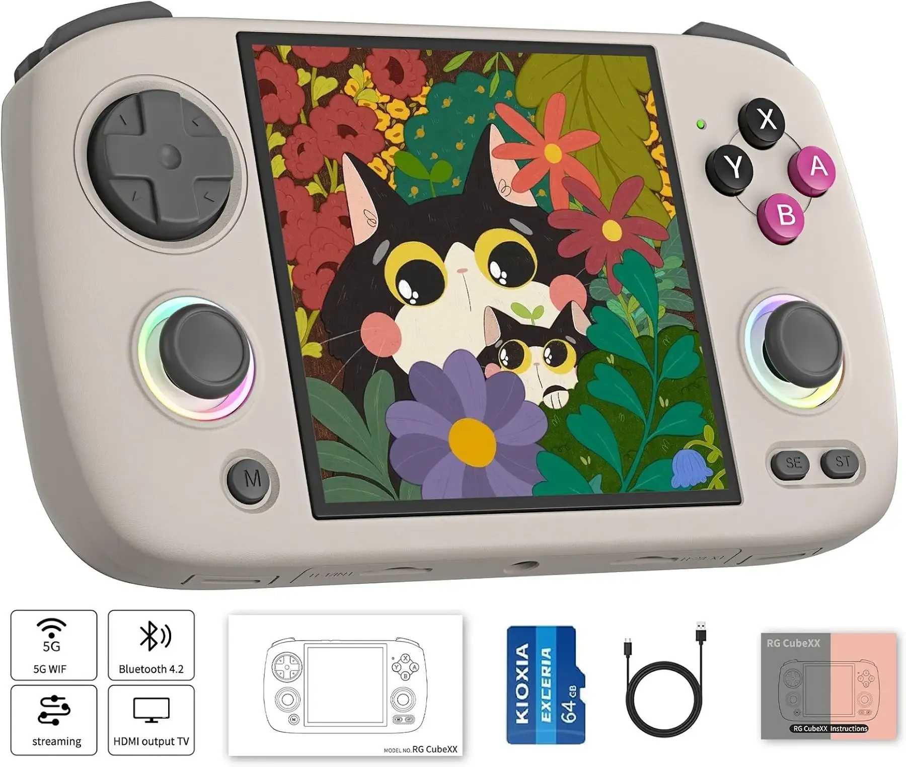Anbernic RG CubeXX Retro Handheld Game with 3.95 Inch IPS Screen Linux System RGCubeXX Built-in 64G TF Card 5056 Games Support TV Output 5G WiFi Bluetooth 4.2(Gray)