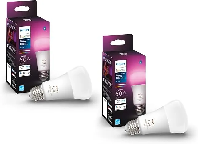 Philips Hue Smart White and Color Ambiance 60W A19 Light Bulb, 2-Pack | Indoor Smart Light Bulb, Use with Hue App, Works with Alexa, Go…