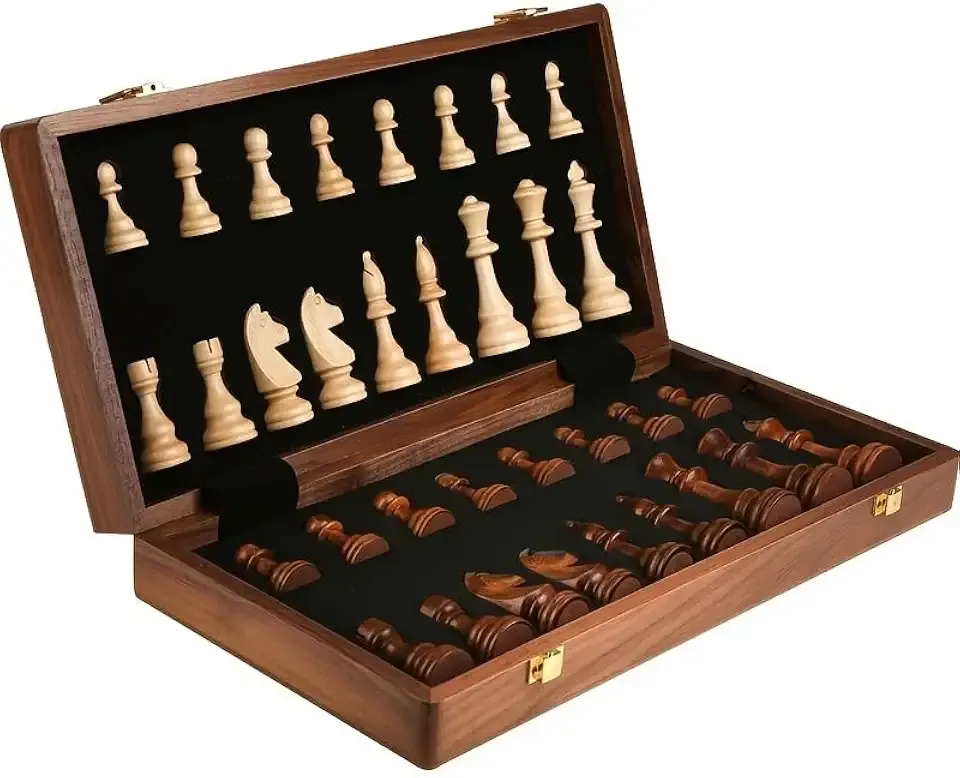 15" Folding Wooden Chess Set with Storage Portable Board 2 Extra Queens