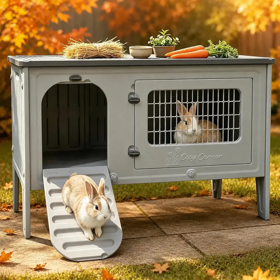 HiCaptain Rabbit Hutch Outdoor Indoor Easy-Clean HDPE Bunny Cage with Drain | Water-resistant, chew-resistant plastic rabbit cage with 2-doors, 7.5-in raised legs and tool-free assembly for easy care