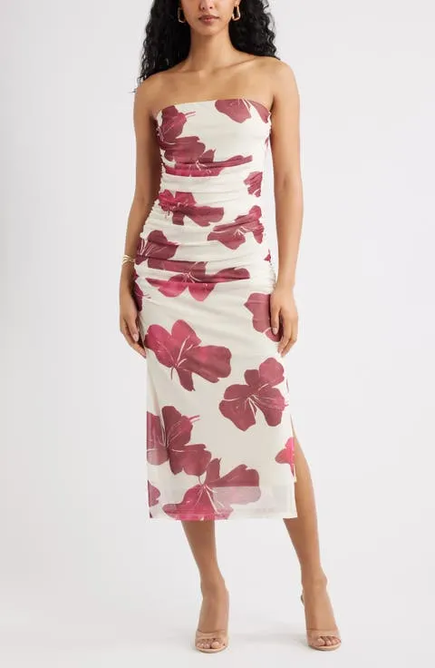 Open Edit Ruched Strapless Mesh Dress