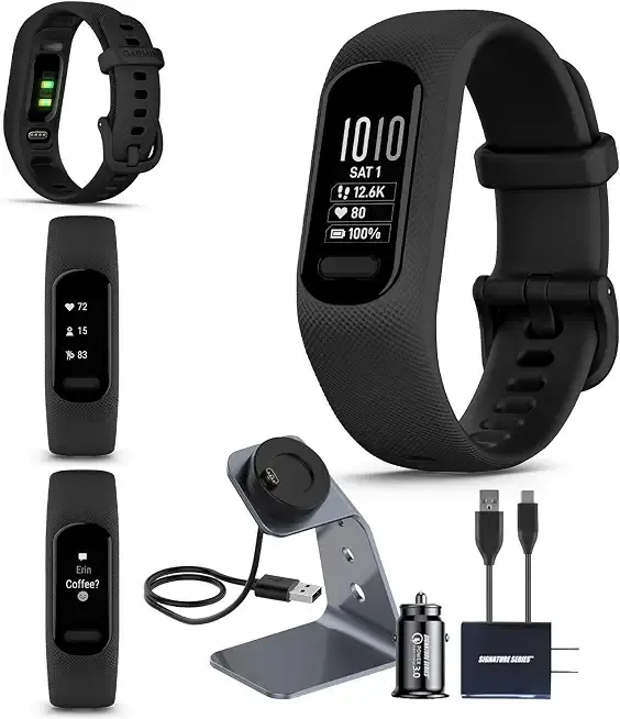 Garmin vivosmart 5 Fitness Tracker, Long-Lasting Battery, Wrist Heart Rate, Sleep Tracking, Compatible with Phone GPS, Black, Small/Medium, Signature Series Charger Bundle