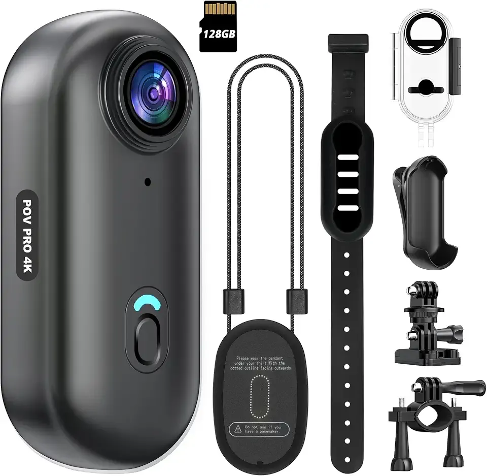 4K Mini WiFi Action Camera 128GB Thumb POV Portable Body Cam Wearable Video Recorder with IPX7 Waterproof Underwater Camcorder, Helmet Mount, Magnetic Sport DV for Bike Cycling, Pet, Vlogging(Black)