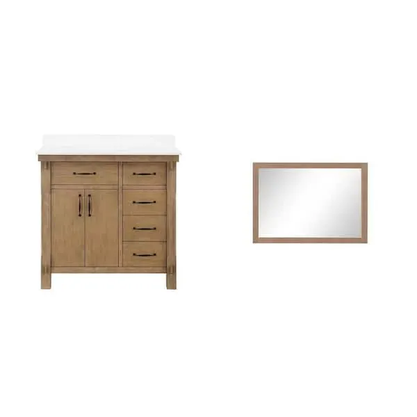 Home Decorators Collection Bellington 36 in.​ Almond Toffee Vanity with White Stone Top and 28 in.​ x 40 in.​ Mirror in Almond Latte Combo