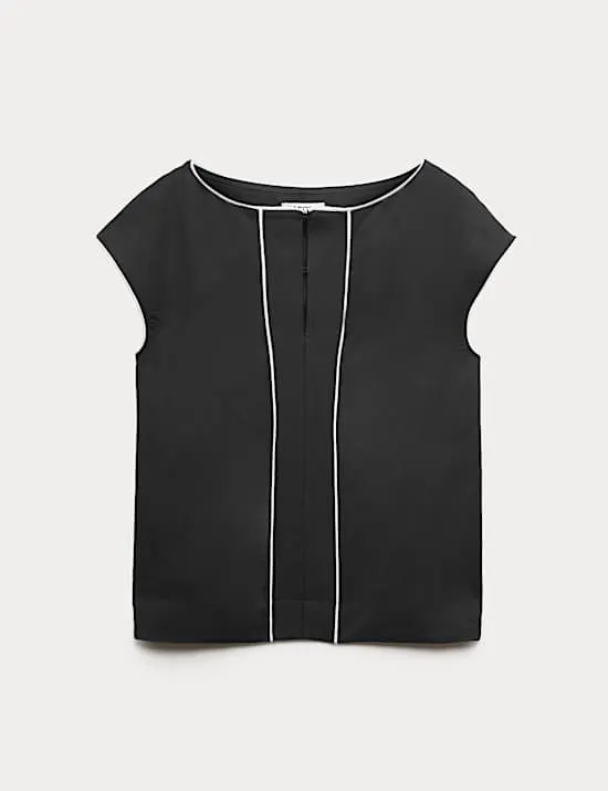 Satin Back Top Contrast Trim with Linen