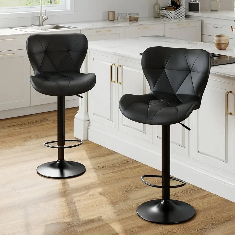 Sweetcrispy Modern Bar Stools Set of 2, Adjustable Faux Leather Upholstered Swivel Bar Stools, Counter Height Bar Chairs with Back for Kitchen Island, Black