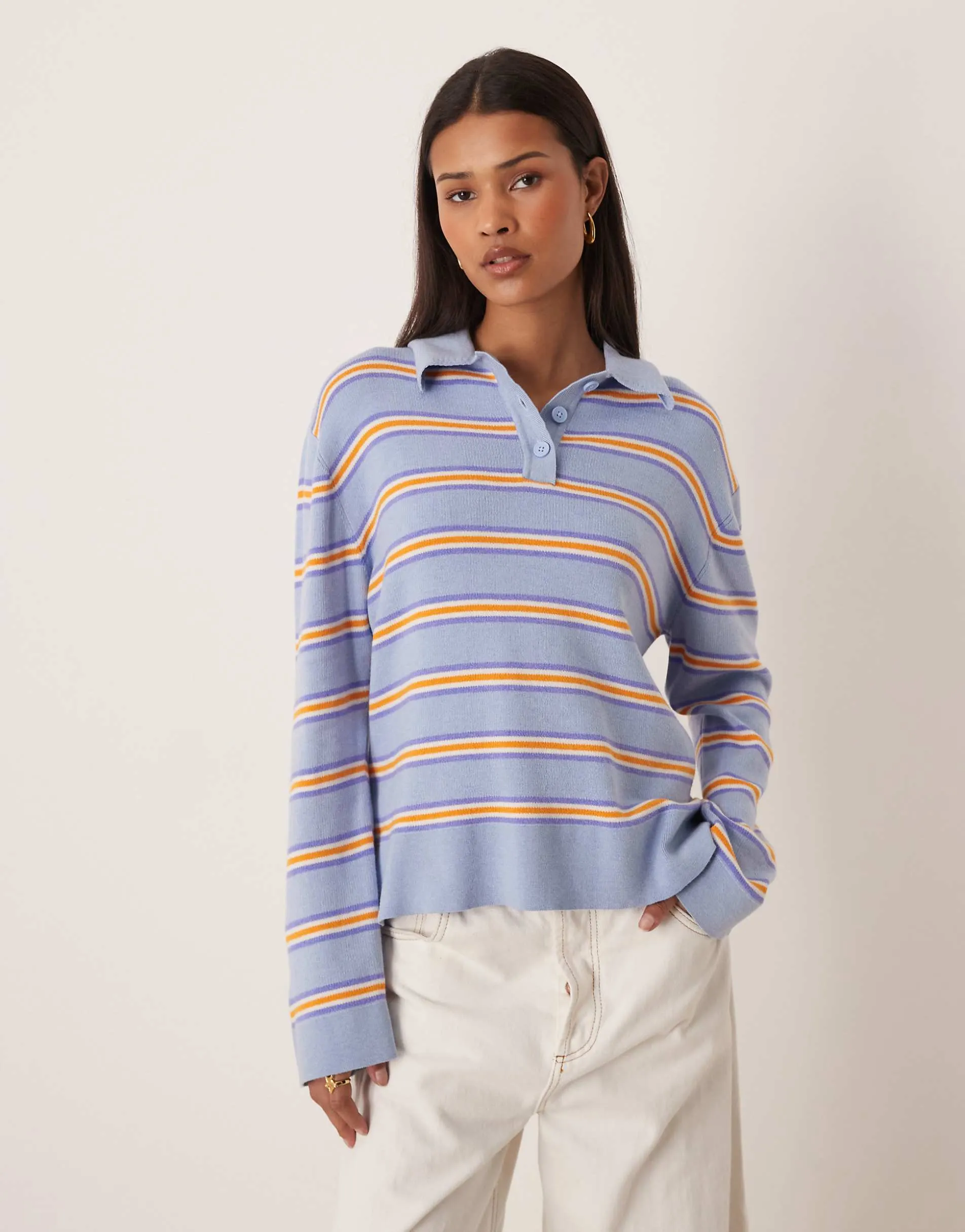 Gina Tricot knitted polo sweater in blue and orange stripe