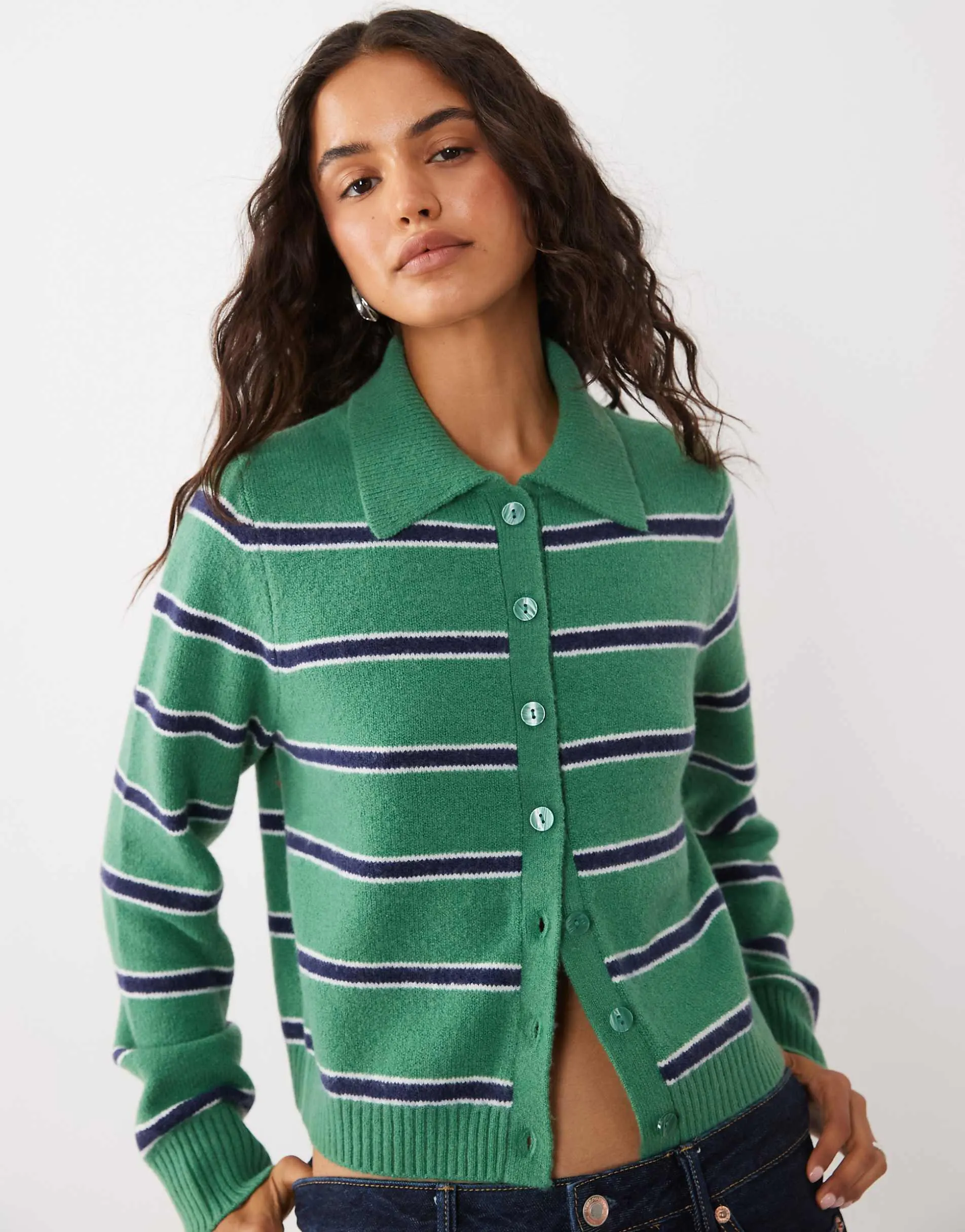 Abercrombie & Fitch cropped knitted collar cardigan in green and white stripe