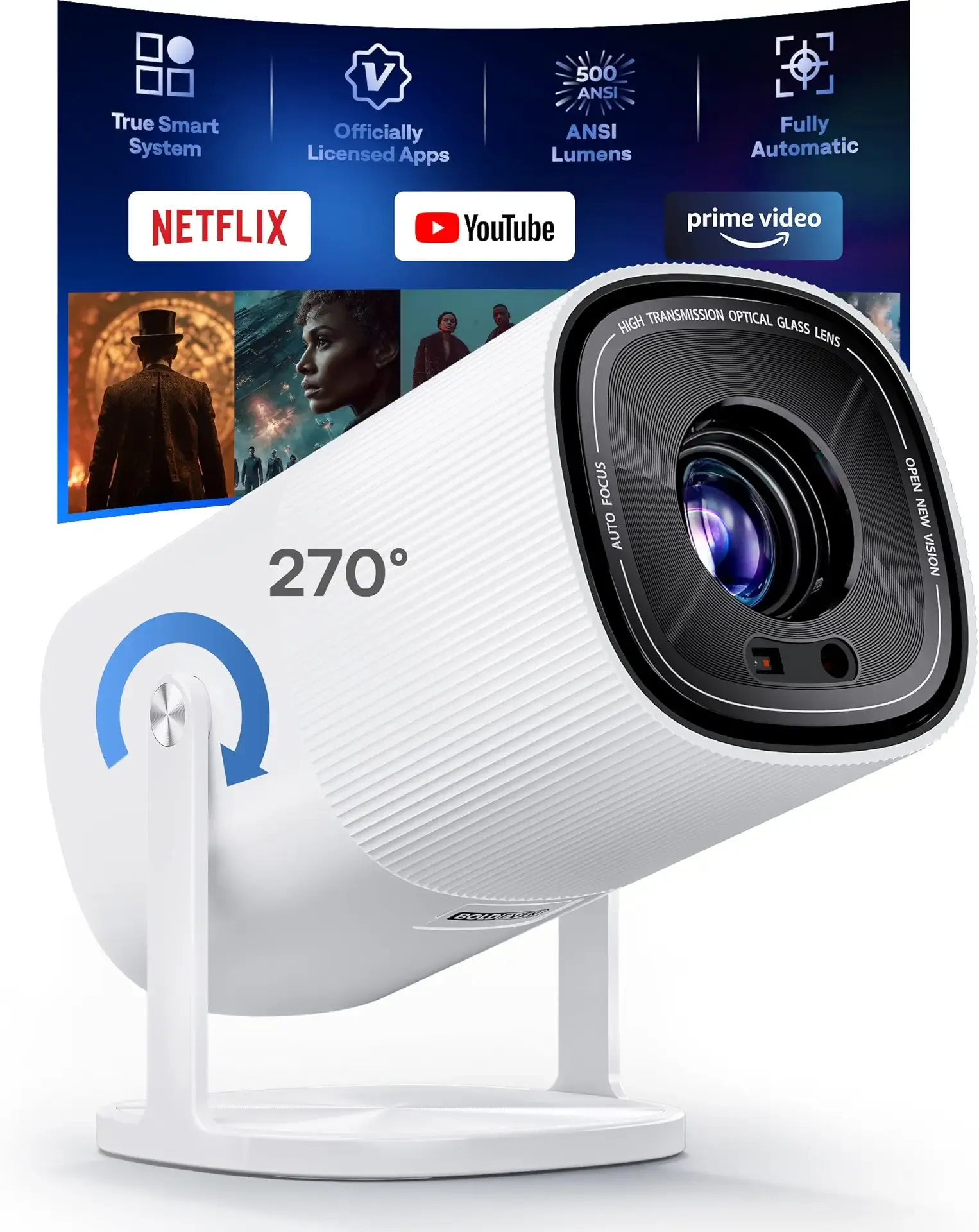 【Built-in Officially-Licensed Apps & 500 ANSI Lumens & Full Automatic】BoldEver 2026 Upgraded Mini Smart Projector with WiFi 6 and Bluetooth, 270° Adjustable Stand, Movie Projector Indoors Outdoors