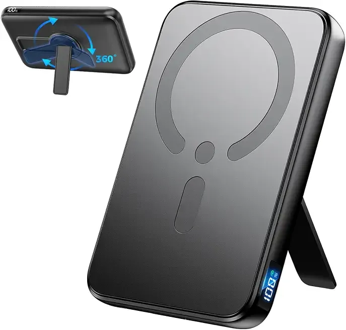 for Magsafe Power Bank, 12000mAh Magnetic Portable Charger with Adjustable Stand - Travel Essentials Wireless Battery Pack with USB-C 20W Fast Charging, LED Screen, for iPhone 17/16/15/14 Series,Black