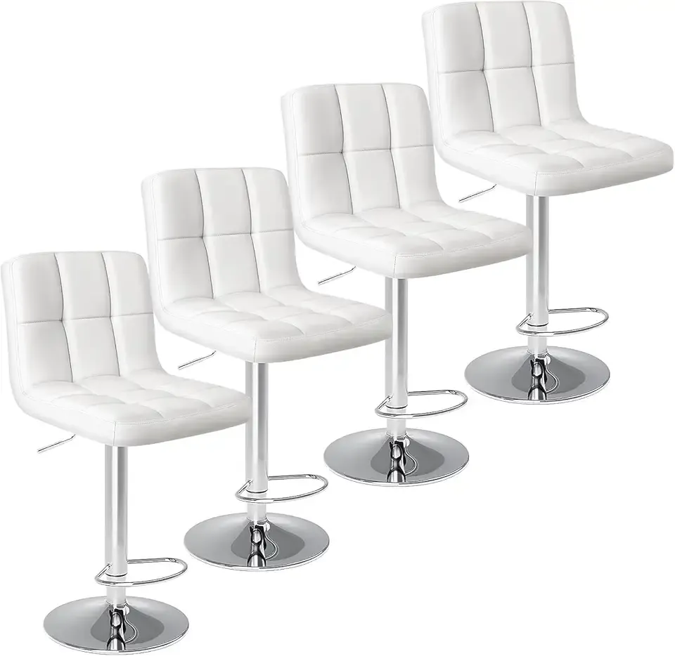 Sweetcrispy Bar Stools Set of 4, Armless PU Leather Adjustable Swivel Barstools, Hydraulic Kitchen Counter Height Thickened Seat Cushion Square Island Countertop Chairs with Back - Modern White