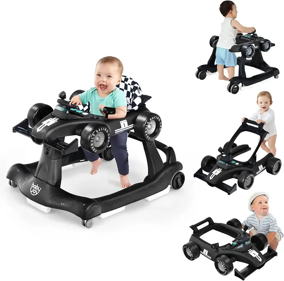 BABY JOY 4-in-1 Baby Walker, Foldable Activity Walker with Adjustable Height & Speed, Music, Lights, Anti-Rollover, Toddler Push Walker, Baby Walker with Wheels for Boys Girls 6-18 Months (Black)