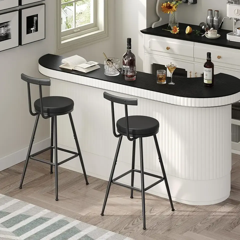 MAHANCRIS Bar Stools, Set of 2 PU Upholstered Bar Stools, Bar Chairs with Backrest and Footrest, Kitchen Stools with Adjustable Feet, Comfort PU Seat for Home Bar, Kitchen Island, Black BABK60R01