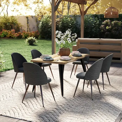 LANVEN 7-Piece Mocha Walnut Wave-Edge Dining Table Set with 6 Grey Upholstered Chairs (Seats 6)