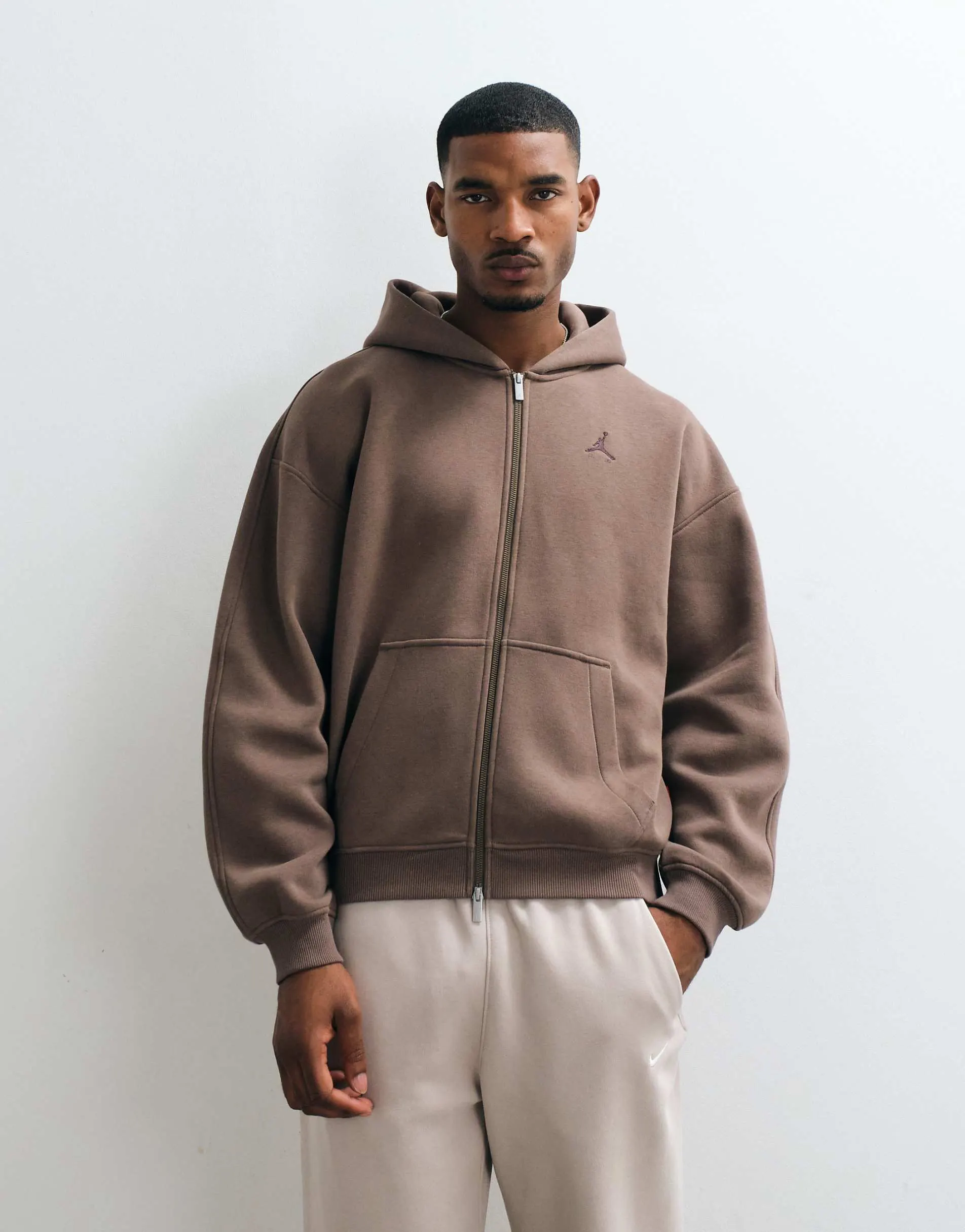 Jordan chest logo oversized heavyweight full zip hoodie in brown
