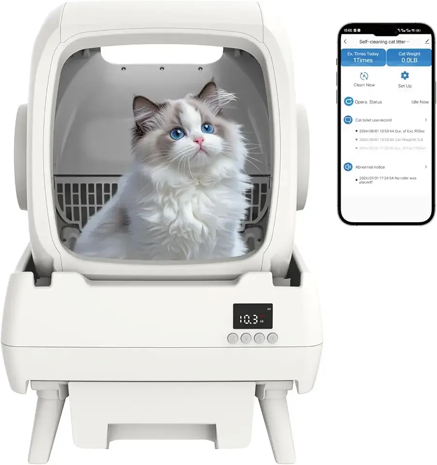 Automatic Cat Litter Box Self Cleaning - App Control, Cat Toilet Records, Suitable for Medium Cats and Kittens, Anti-Pinch Safety, Low Noise Operation【Assembly Required】- White