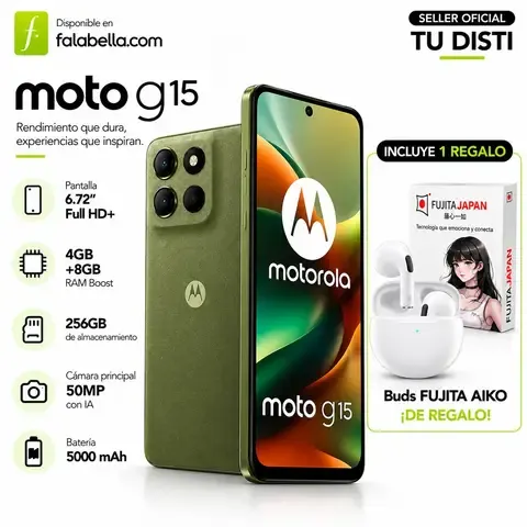 MOTOROLA G15 256GBROM 12GB RAM/ 4GB +8GB EXT/50MP AI/ 6.7" G/ 5200 mAH + FUJITA JAPAN BUDS