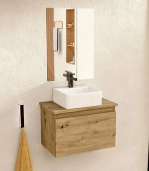 BELLOBATH - Mueble de baño suspendido con lavabo de cerámica y espejo, Mueble con puerta abatible, 50 x 32 x 30 cm, Mueble Roble
