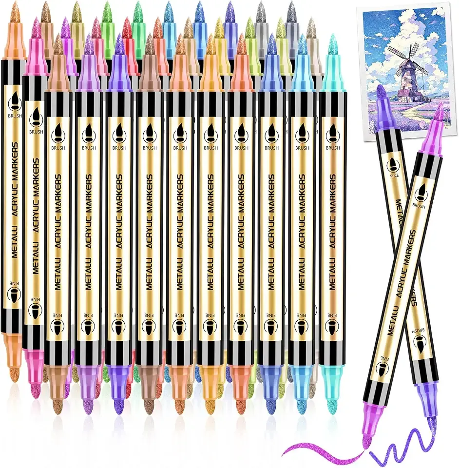 30 Colors Metallic Acrylic Paint Markers, Dual Tip Brush & Fine Tip Pens for Rock Painting, Black Paper, Wood, Glass, Fabric, Scrapbooking, Card Making, Coloring Books, DIY Crafts, Art Supplies