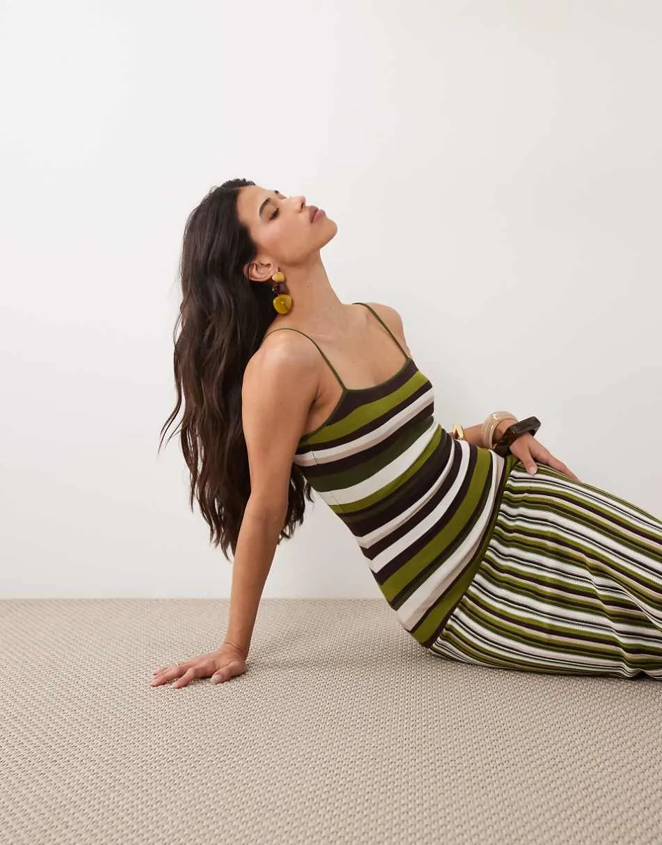 Gina Tricot cotton blend light knit strappy maxi dress in green multi stripe