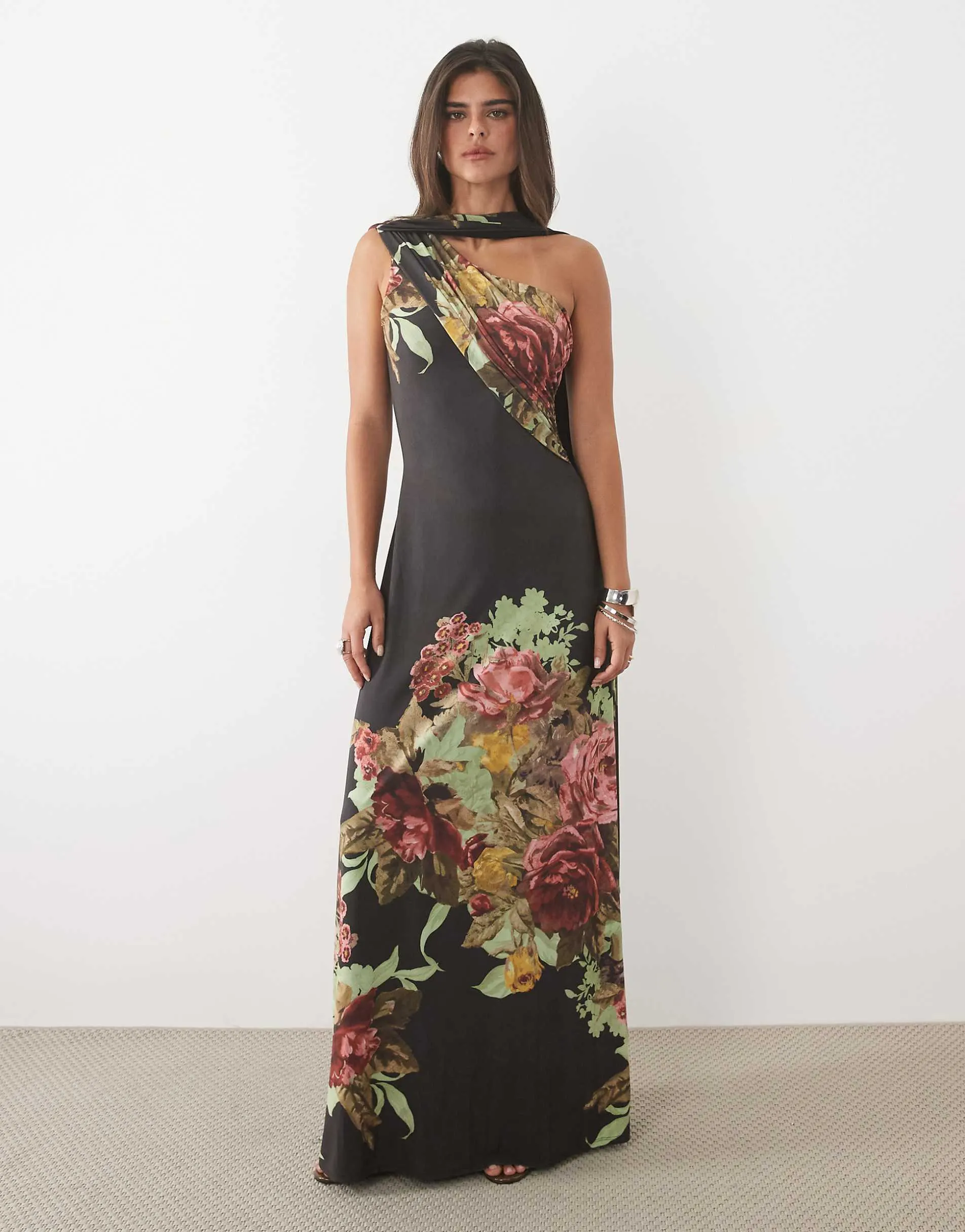 ASOS DESIGN printed floral slinky maxi column dress with scarf fringe detail in black