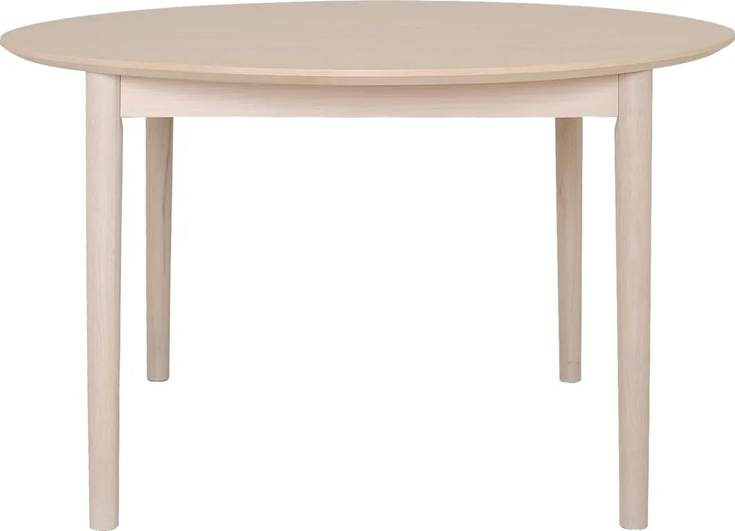 Karmøy spisebord Ø130-230 H: 74 cm, hvitpigmentert eikefiner, inkludert 2 ileggsplater