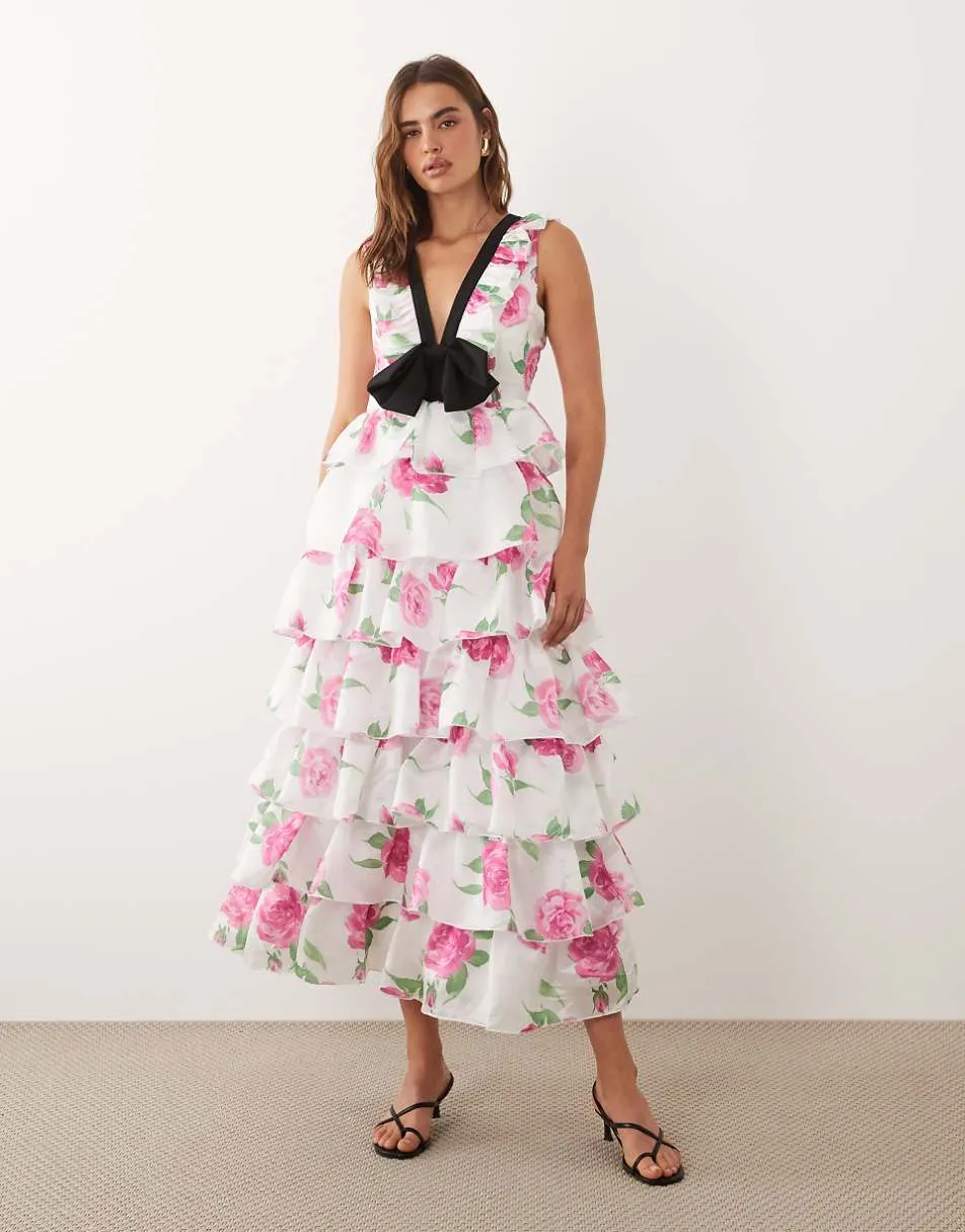 Dream Sister Jane Pernilla v-neck sleeveless bow detail tiered ruffle skirt maxi dress in white floral