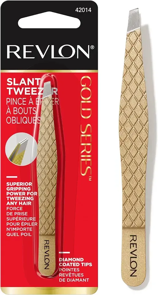 Revlon Gold Series Slanted Tip Tweezers, Ultra-Sharp for Precision Eyebrow Shaping and Facial Hair Removal, Diamond and Titanium-Coated for Durability, 1 count