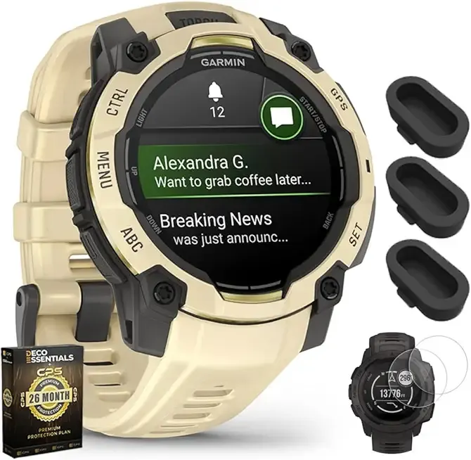 Garmin Instinct 3 45 mm Outdoor GPS Smartwatch AMOLED Citrine with Citrine Band 010-02936-02 Bundle with Dust Cover, 2-Pack Screen Protector and Deco Essentials 26 Month CPS Enhanced Protection Pack