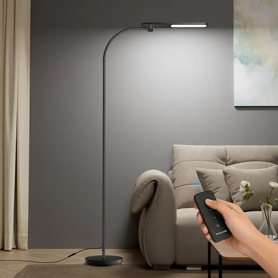 Honeywell LED Floor Lamp with Remote, CRI97 Dimmable Gooseneck 77" Black | 96 Sunturalux LED Beads 3 Color Temps 3000K-5000K,Wireless Remote,Modern Standing Lamp for Living Room Bedroom Office Reading