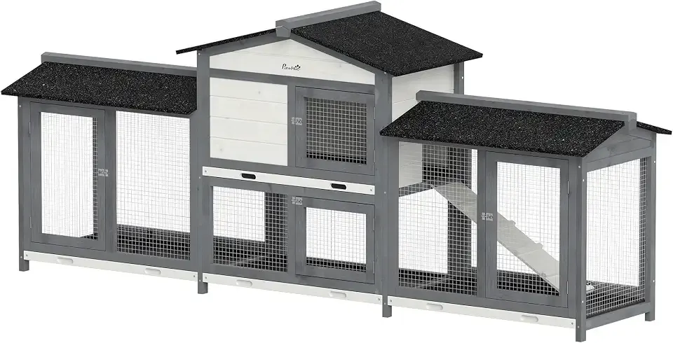 PawHut 90.5" Wooden Rabbit Hutch Bunny Cage Pet Playpen House Enclosure with Double Side Run Boxes, No Leak Tray, Ramp, for Guinea Pig and Small Animals, Light Gray