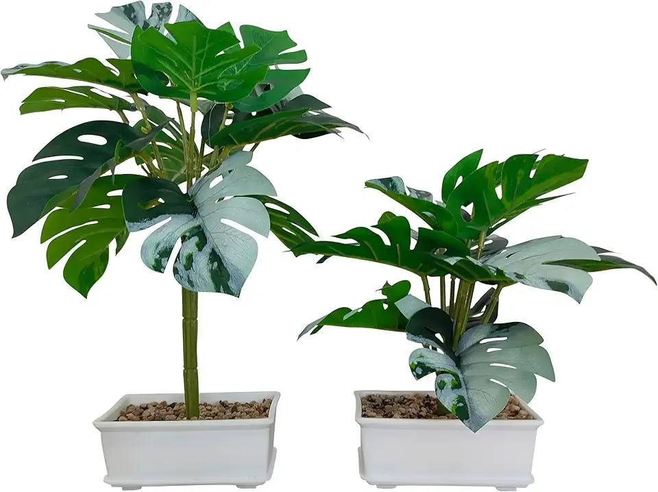 ATFL 2 PCS Potted Artificial Mini Monstera Plants Realistic,12inch and 9inch Desktop Fake Plants Indoor Faux Tropical Plant Realistic Artificials for Home Office Table Bathroom Shelf Desktop Décor
