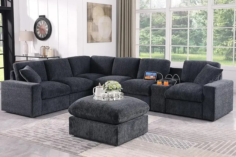 127" Modular Sectional Sofa,Modern Oversized Cloud Couch with Cup Holder&USB Port,7 Seat Convertible L-Shaped Chenille Sofas W/Ottoman,Pillows&Storage Box,Comfy Couches for Living Room,Dark Gray