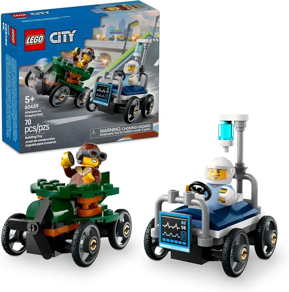 City Airplane vs. Hospital Bed Race Car Pack Toy - Building Toy for Kids, Boys and Girls, Ages 5+ - Gift for Birthdays and Holidays - Includes 2 Minifigures - 60459