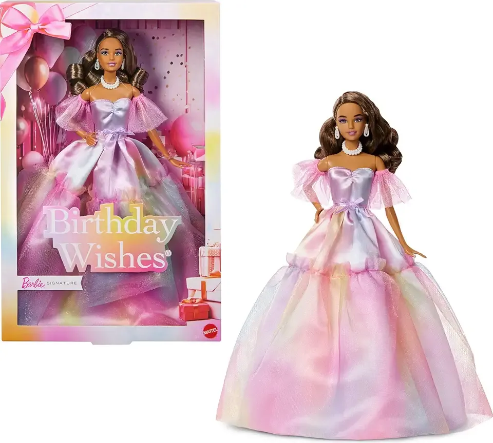 Signature Birthday Wishes Fashion Doll with Brown Hair in Dress with Pastel Rainbow Effect, Collectible Toy with Giftable Packaging