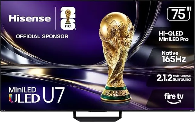 Hisense 75" U7 Mini-LED ULED 4K UHD Best Premium Gaming Smart Fire TV (75U7SF, 2026 New) - Hi-QLED, Native 165Hz, VRR 330, HDR10+, Dolby Vision IQ · Atmos, IMAX Enhanced, Anti-Reflection, 2.1.2 Ch