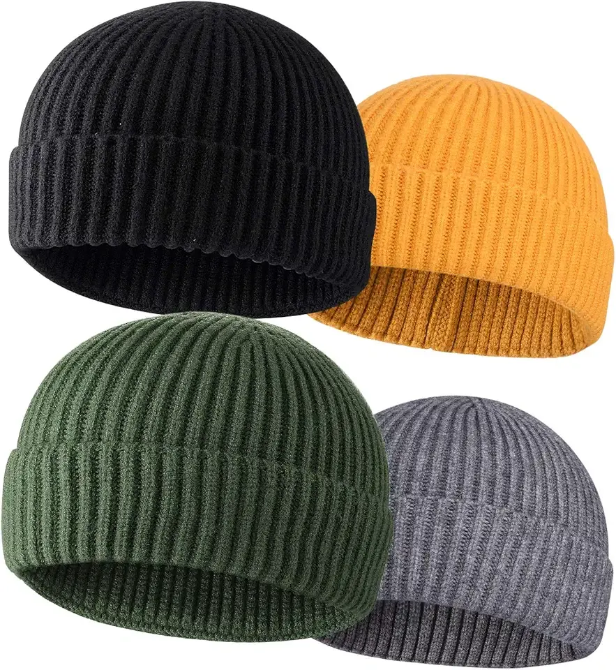 4 Pack Wool Fisherman Beanies for Men, Knit Short Watch Cap Winter Warm Hats