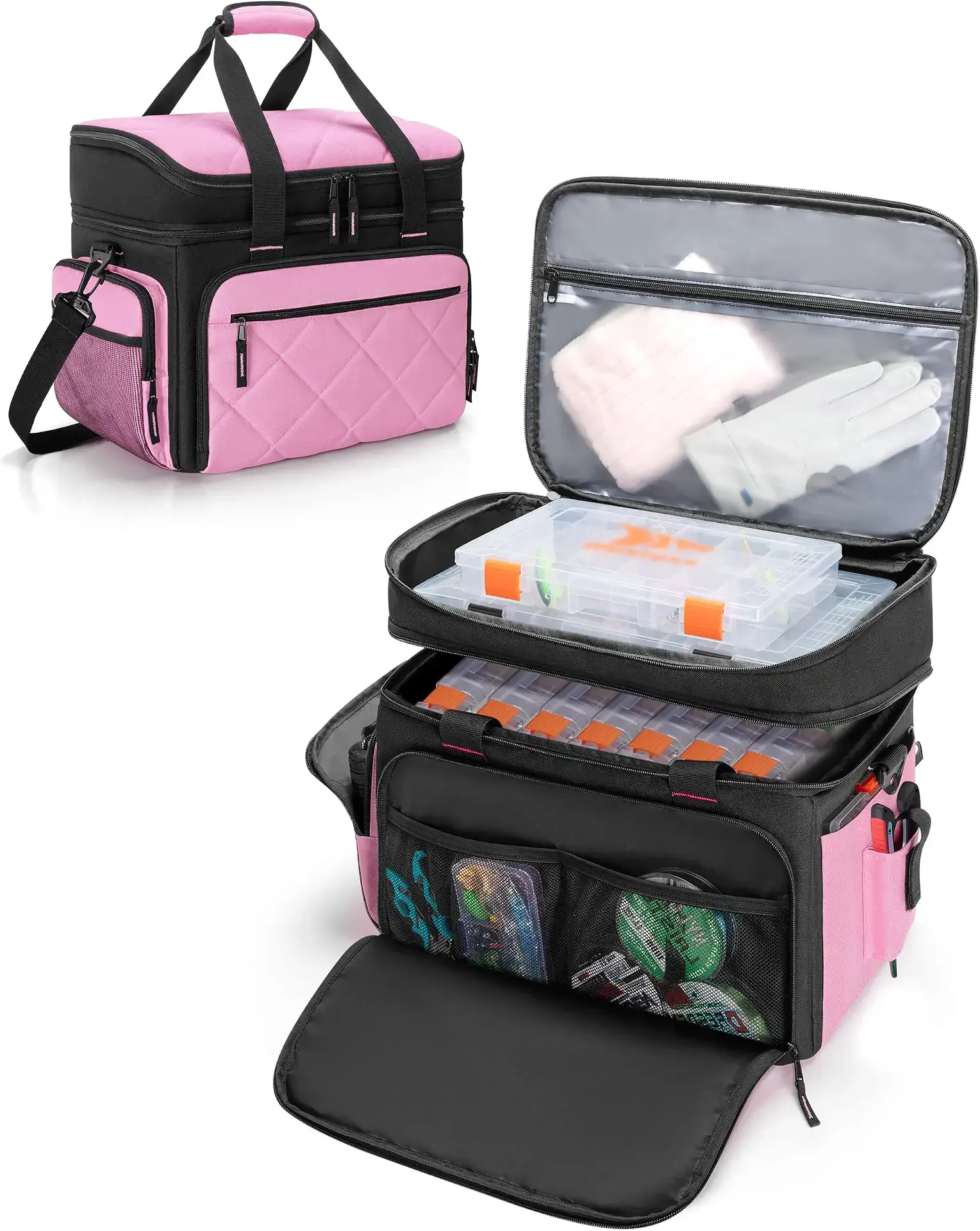 Smasrob Fishing Tackle Bag with Large Lure Boxes Pocket and Extra Top Tackle Trays Pocket, Fish Bag for Saltwater and Freshwater (Tackle Trays Not Included), Pink