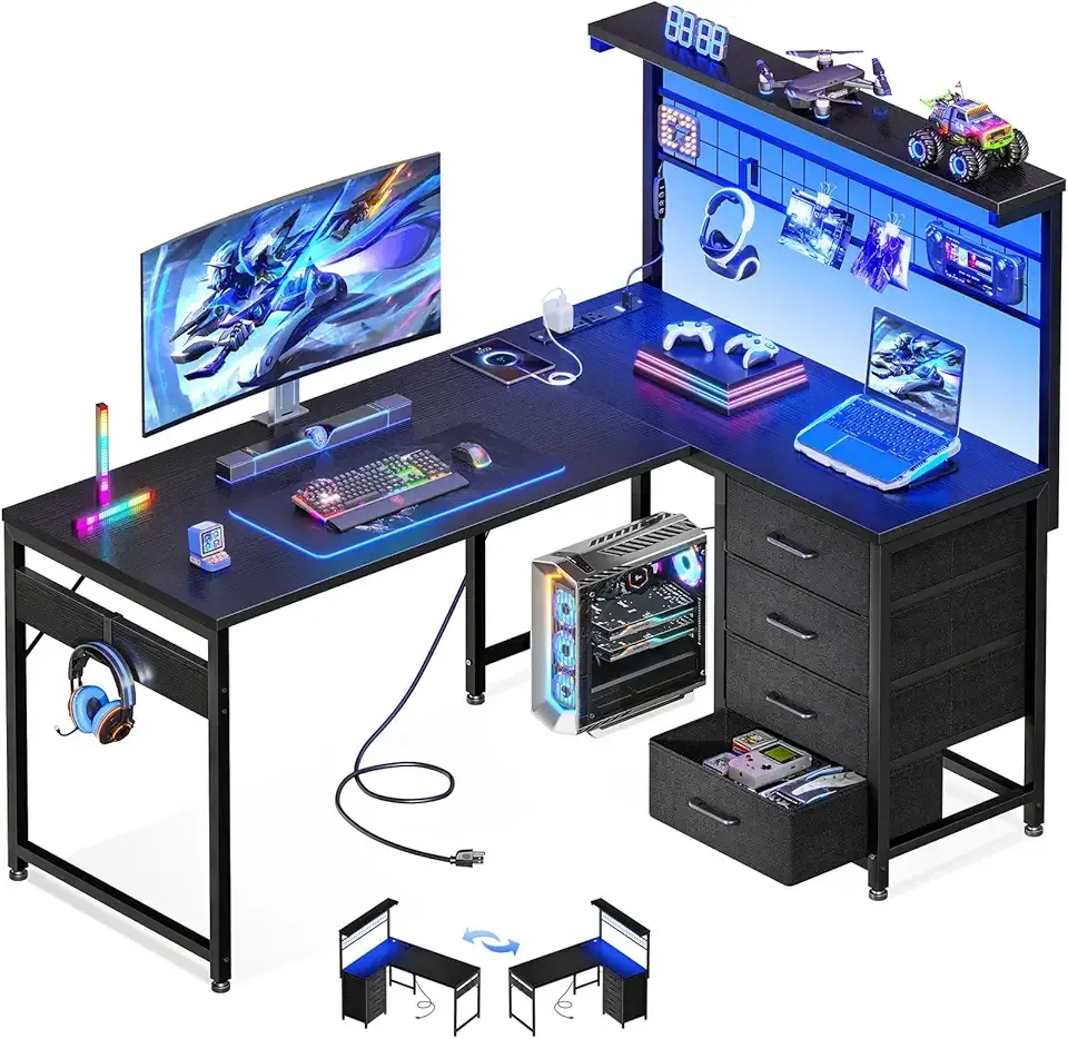 MOTPK L Shaped Gaming Desk with Shelf & 4 Drawers, 43" Reversible Computer Desk with LED Light, Home Office Table with Hutch and Hook, Black