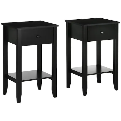Modern Side Table, 2-tier End Table with Drawer and Bottom Shelf, Black