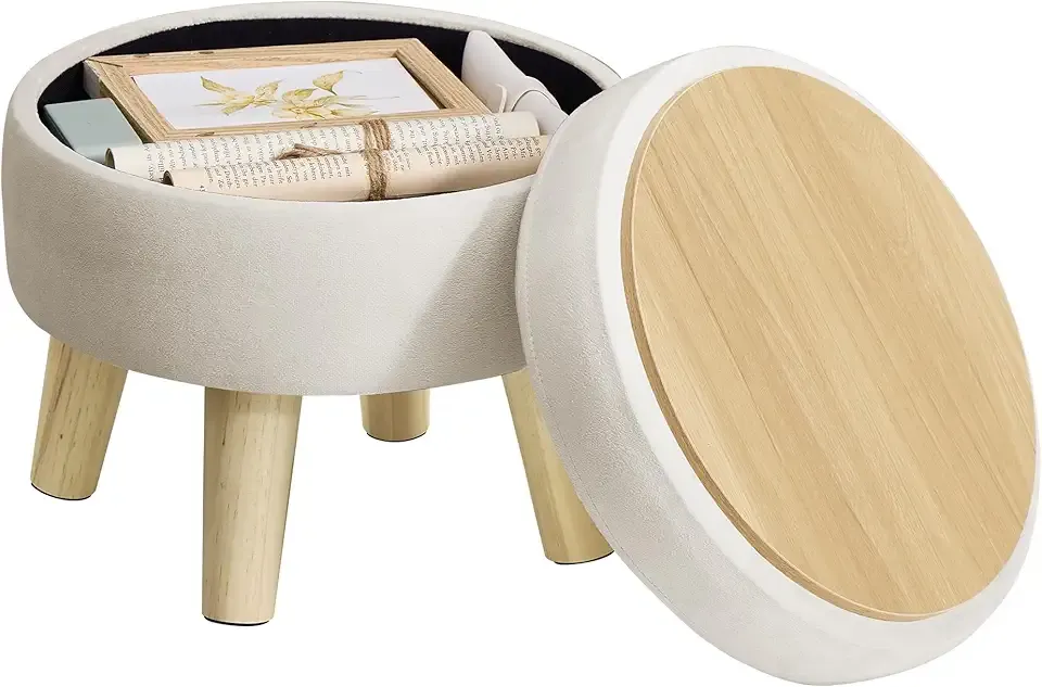 Storage Ottoman, Foot Stool, Round Ottoman with Padded Seat, Foot Rest with Wood Legs, Small Table, for Hallway, Living Room, 12.2 Inches, Velvet, Cream White ULOM513LH01
