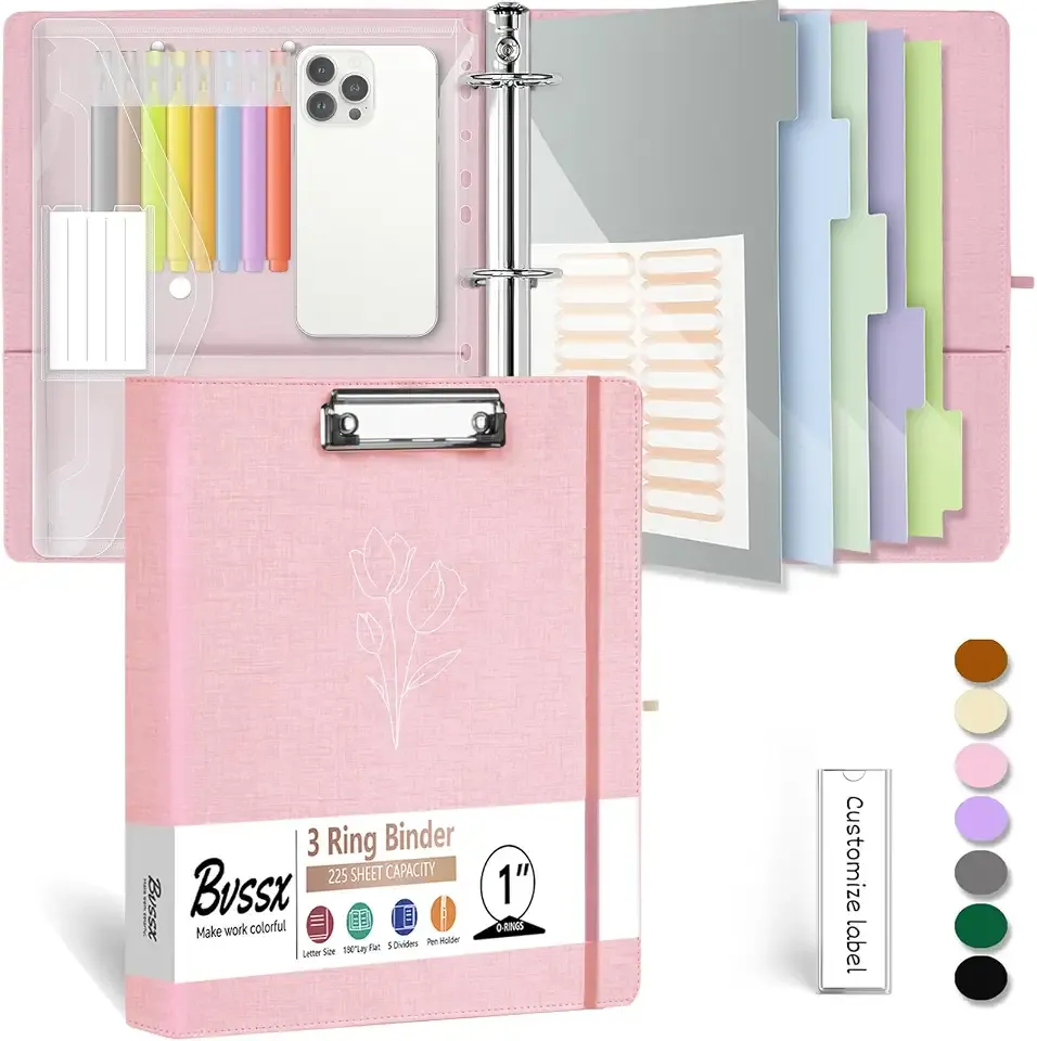 3 Ring Binder, 1 Inch Linen Binders Organizer for Letter Size (8.5" x 11") Paper with 5-Tabs Pockets Dividers, BVSSX Leather Three Ring Binders with Clipboard, Plastic Folder, Pen Loop - Pink Tulips