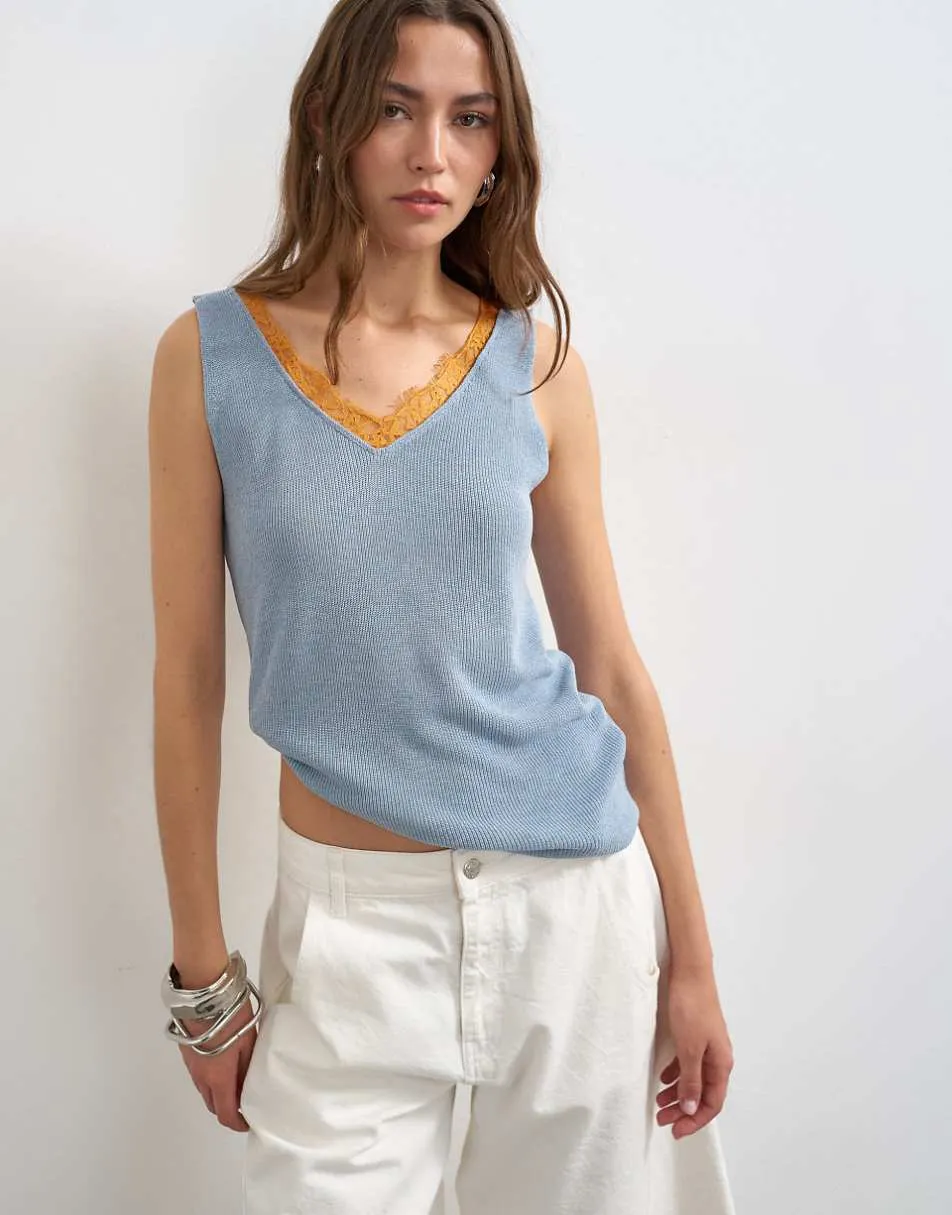 Topshop knitted vest in blue with orange contrast lace